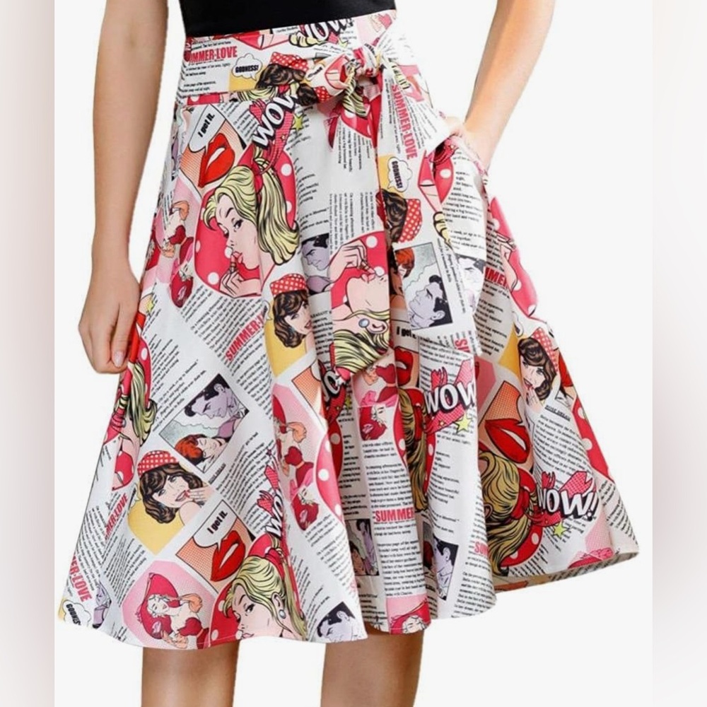 Comic Print Tie Front Midi Skirt